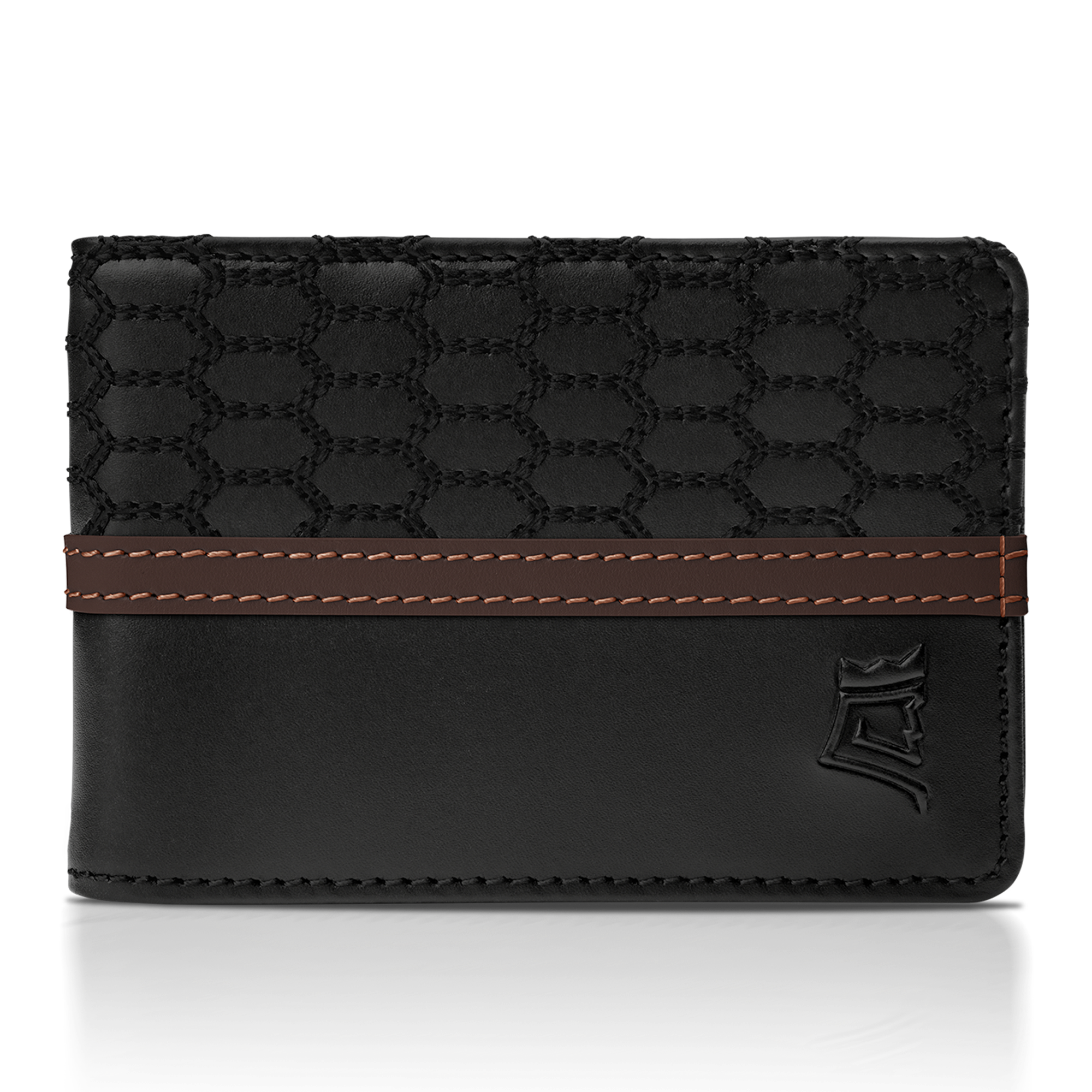 Brown leather wallet displaying multiple credit cards with 'UPGRADED LEATHER' text.