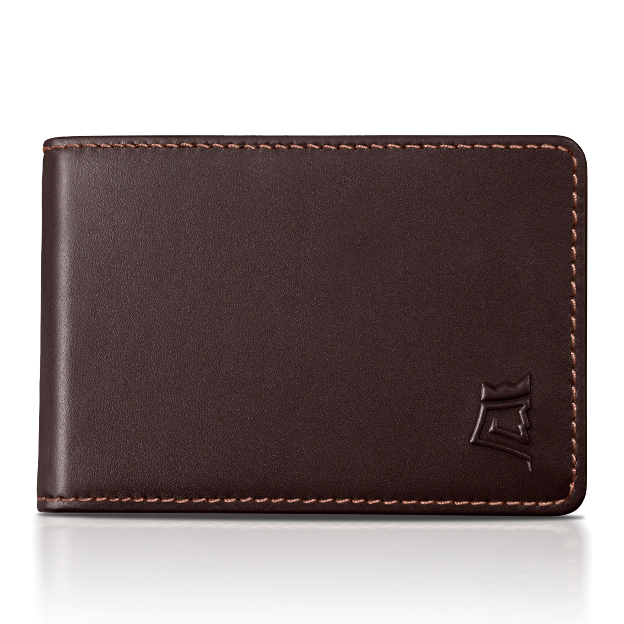 Brown leather wallet displaying multiple credit cards with 'UPGRADED LEATHER' text.