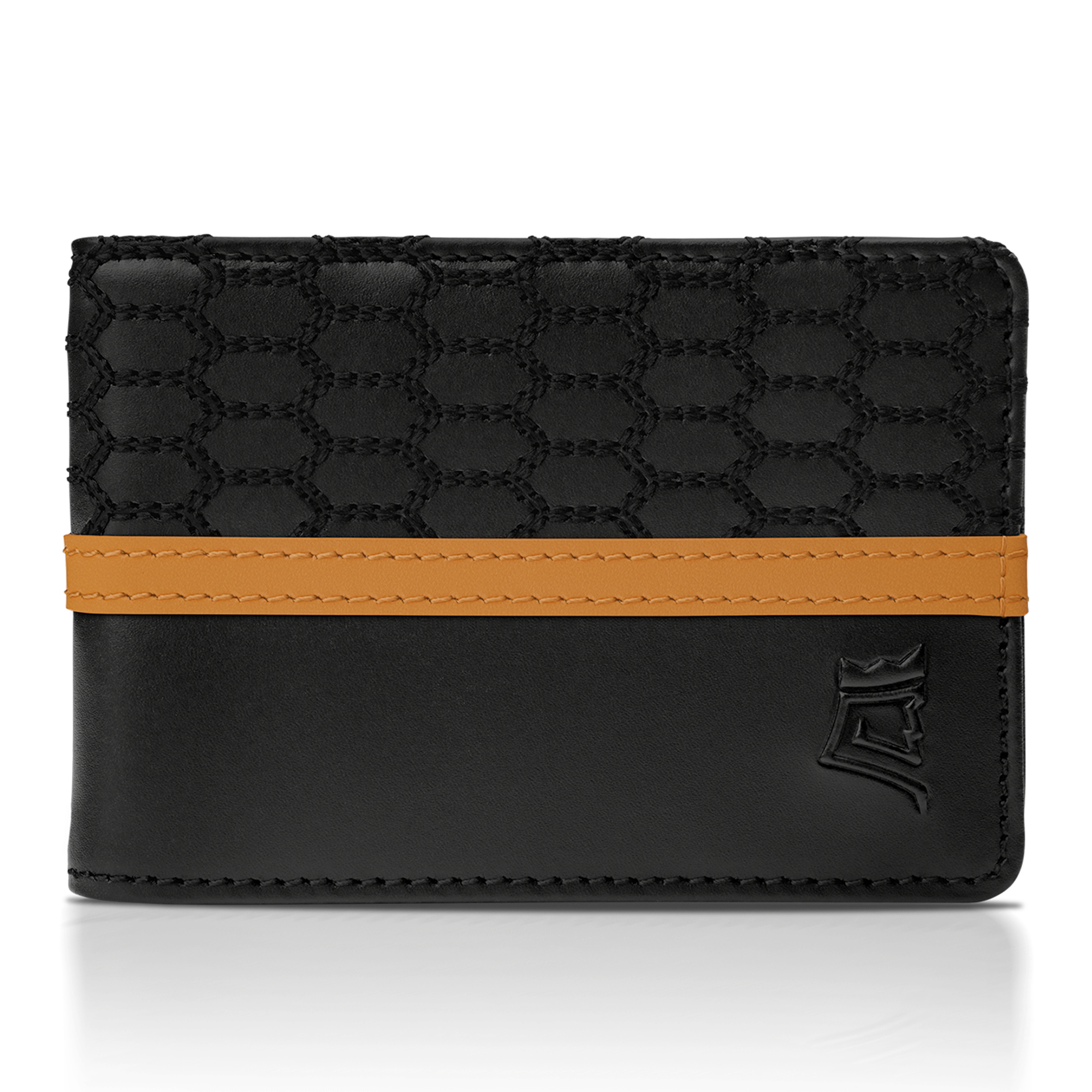 Brown leather wallet displaying multiple credit cards with 'UPGRADED LEATHER' text.