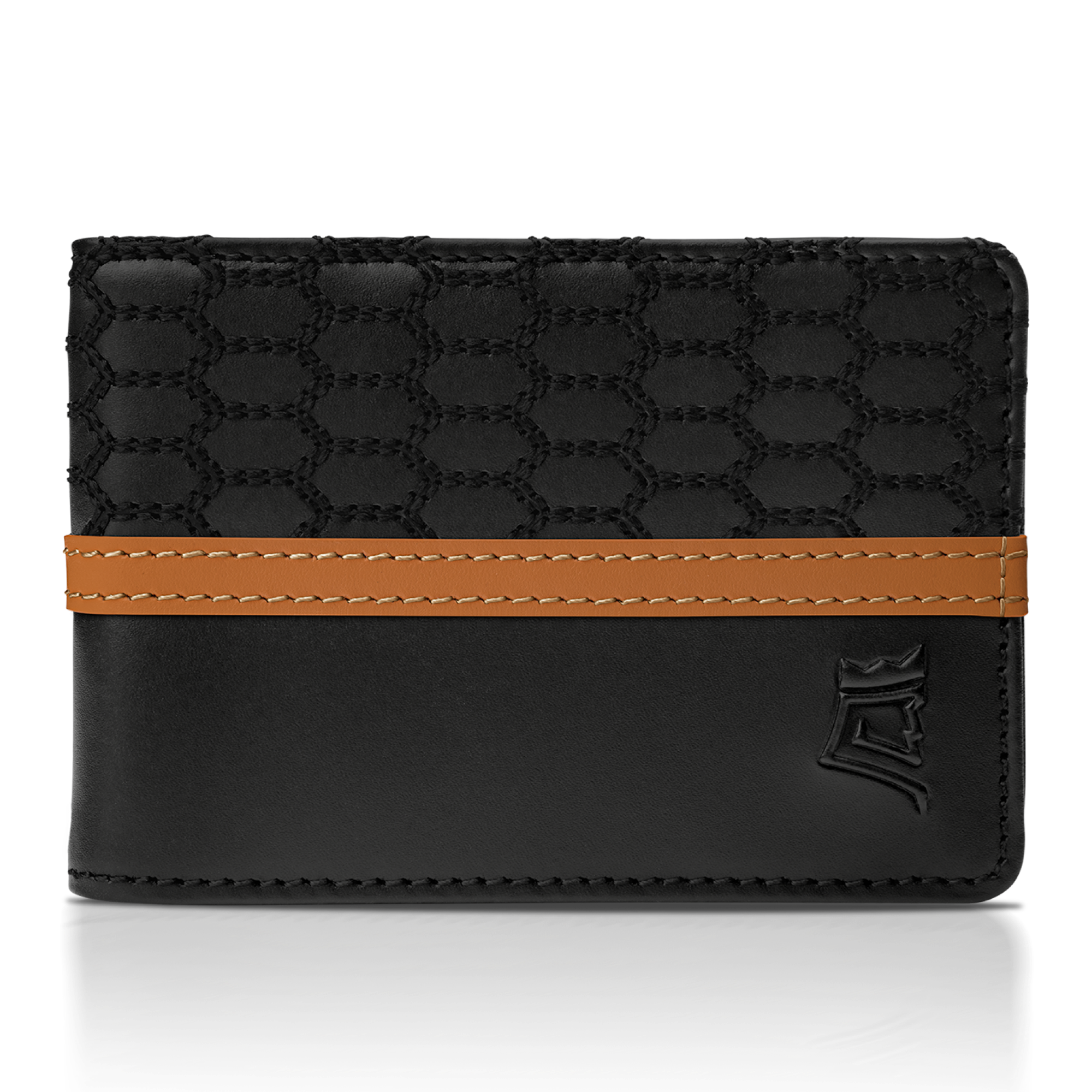 Brown leather wallet displaying multiple credit cards with 'UPGRADED LEATHER' text.