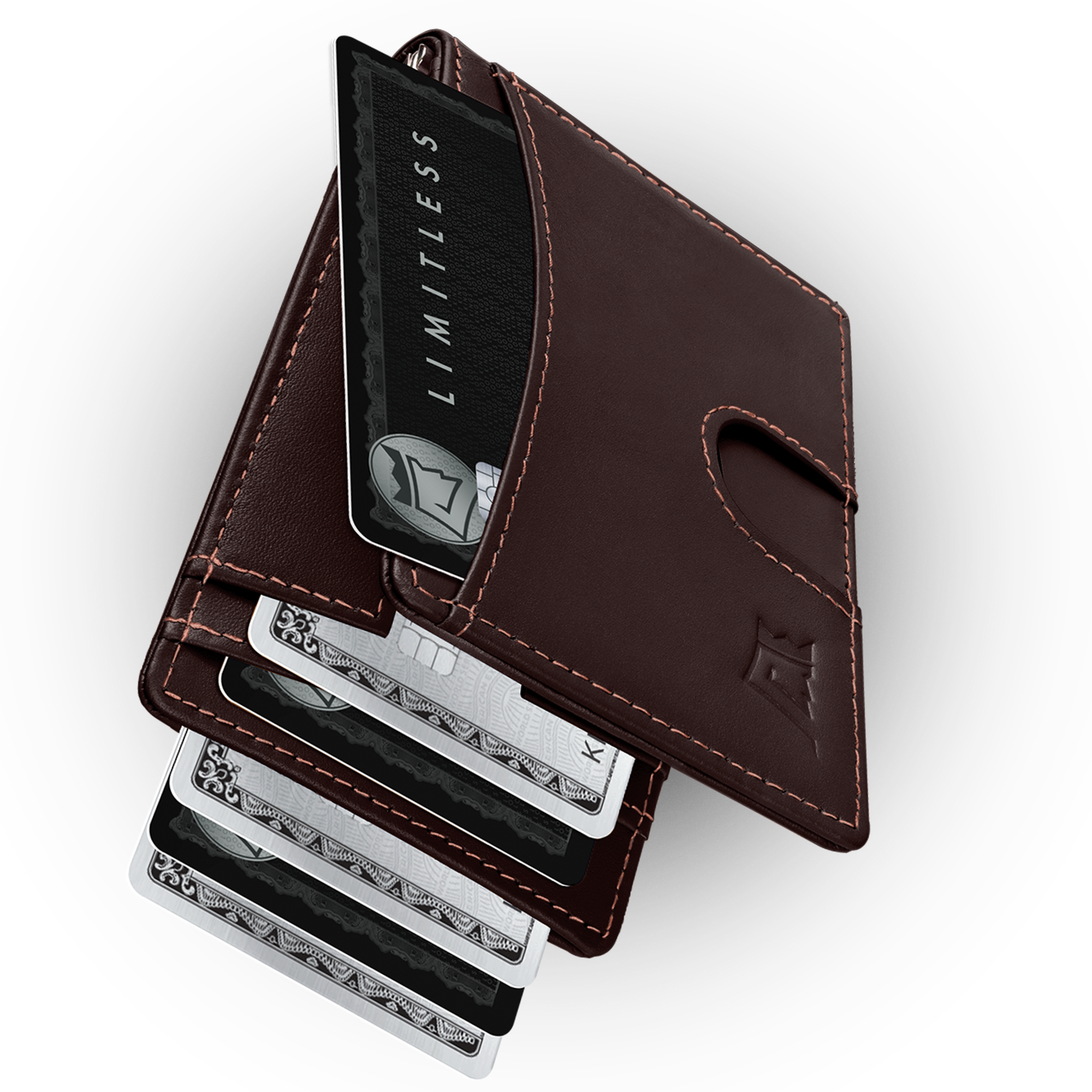 Brown leather wallet displaying multiple credit cards with 'UPGRADED LEATHER' text.